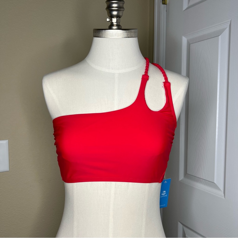 CUPSHE Red One Shoulder Back Lace-up Swim Top